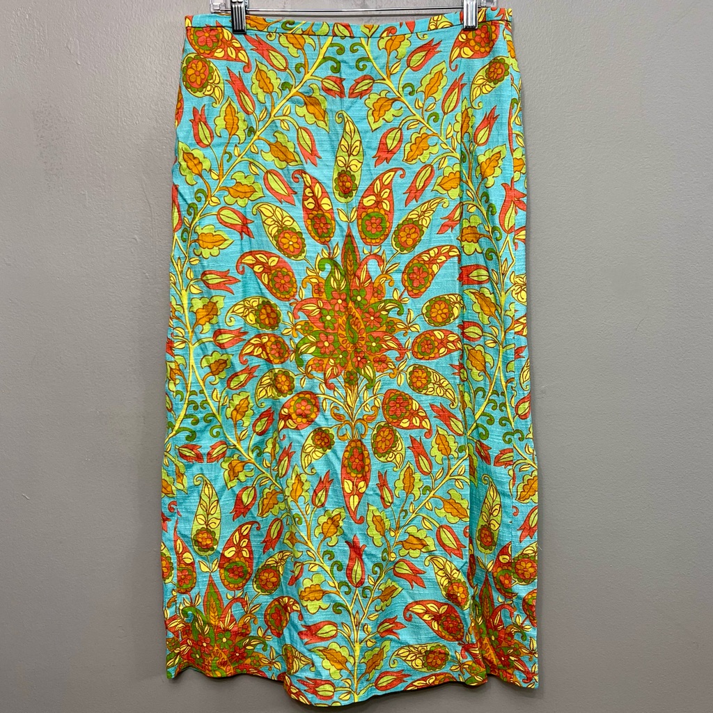Zara High Waisted Midi Skirt Multicolor Paisley Tie Hippie Stretch Size Large